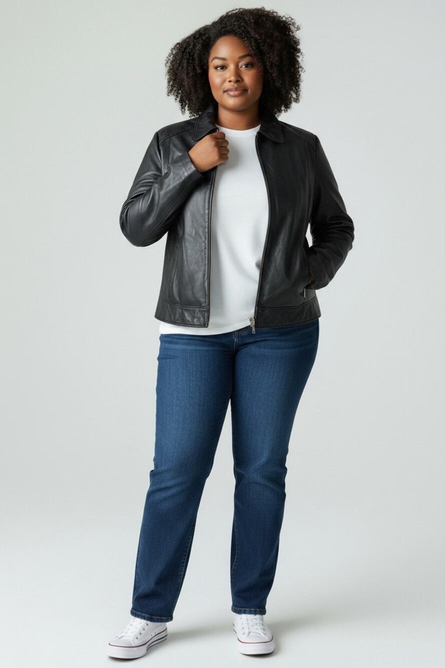 Petite Sophisticate Black Leather Jacket Zip-up Fitted Collared Y2K